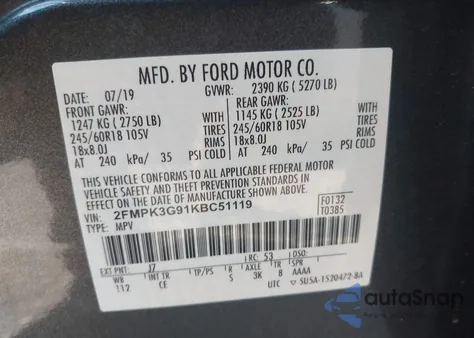 2019 Ford Edge Se из США, поврежденный, VIN 2FMPK3G91KBC51119